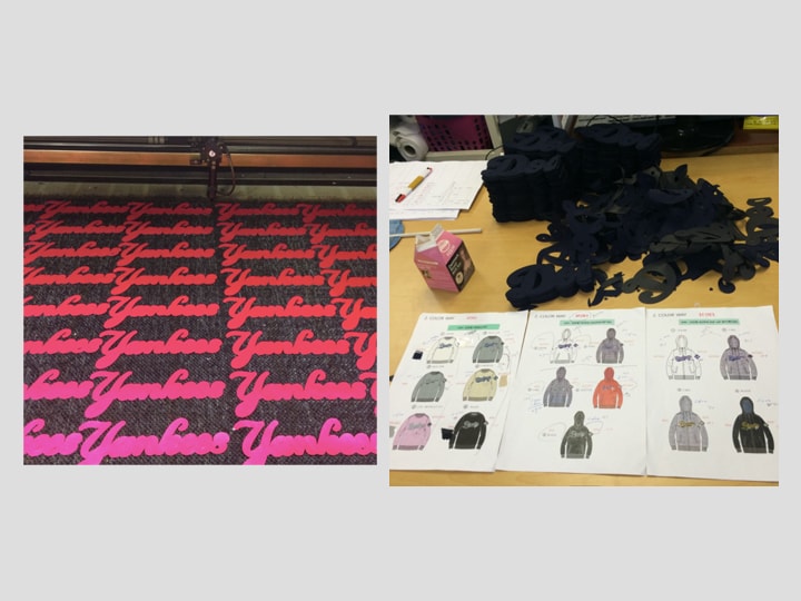 Laser-cut MLB team logo fabric and hoodie design sketches from a subcontract job