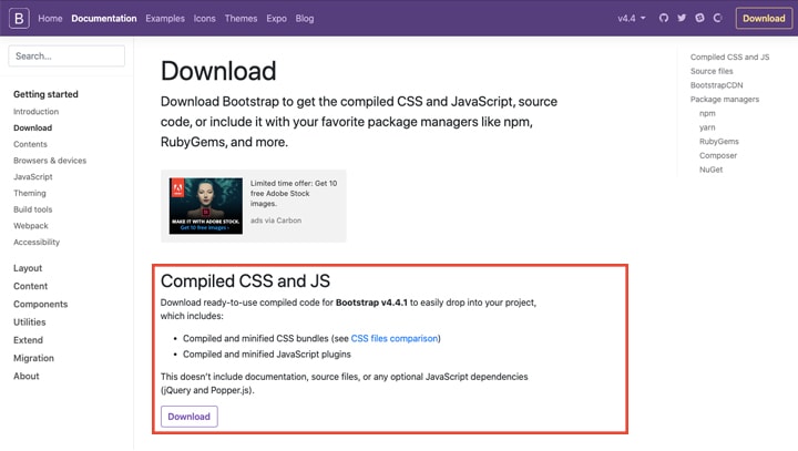 Bootstrap download page with the Compiled CSS and JS section highlighted