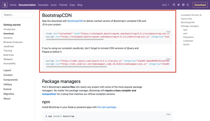 BootstrapCDN section showing CSS and JS link tags to copy