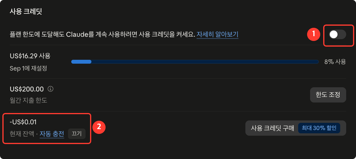 사용량 화면의 사용 크레딧 영역. ① 사용 크레딧 토글 ② 자동 충전 설정 위치