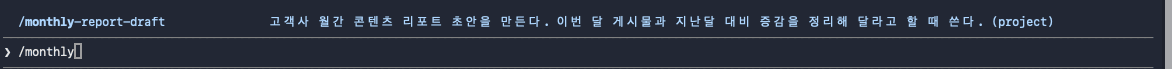 슬래시 메뉴에 내가 만든 monthly-report-draft 스킬이 설명과 함께 뜬 화면 (2026년 8월 24일 캡처)